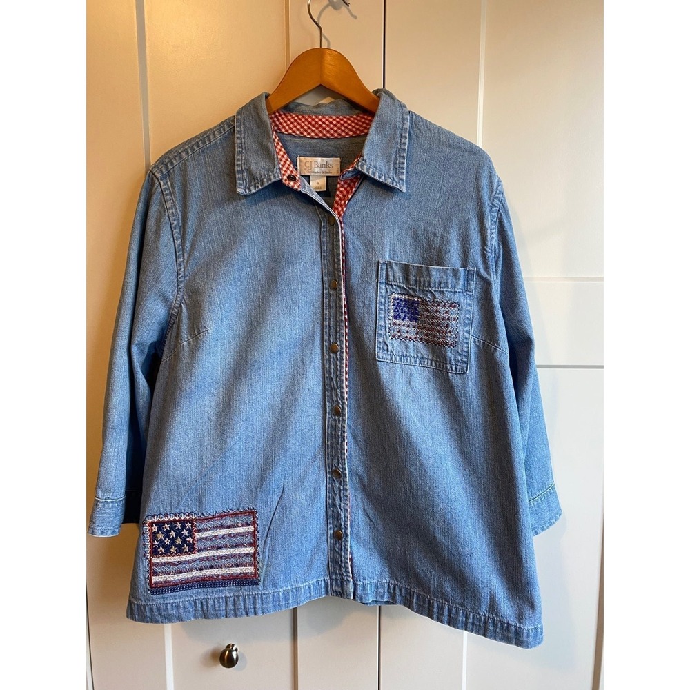 CJ Banks USA Flag Women Shirt X-Large Snap Beaded Embroidered Top Red West sku5